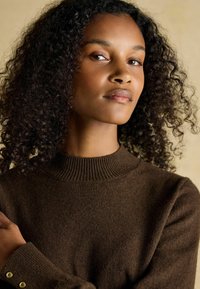 Brauner Strickpullover mit einem gerippten Rundhalsausschnitt und goldenen Knopfakzenten an den Ärmeln. Weiche Textur und lockere Passform.