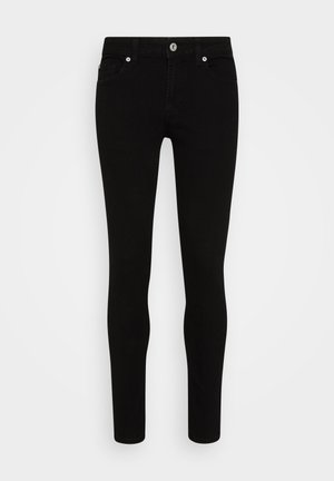 Zwarte skinny jeans met een gladde textuur, vijf-pocket ontwerp, knoopsluiting aan de voorkant en een slank silhouet. Minimalistische stijl zonder zichtbare patronen.