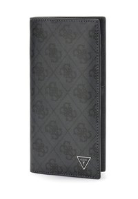 Billetera sintética negra con patrón de logo en relieve, con un acento metálico triangular, bordes suaves y un diseño vertical delgado.