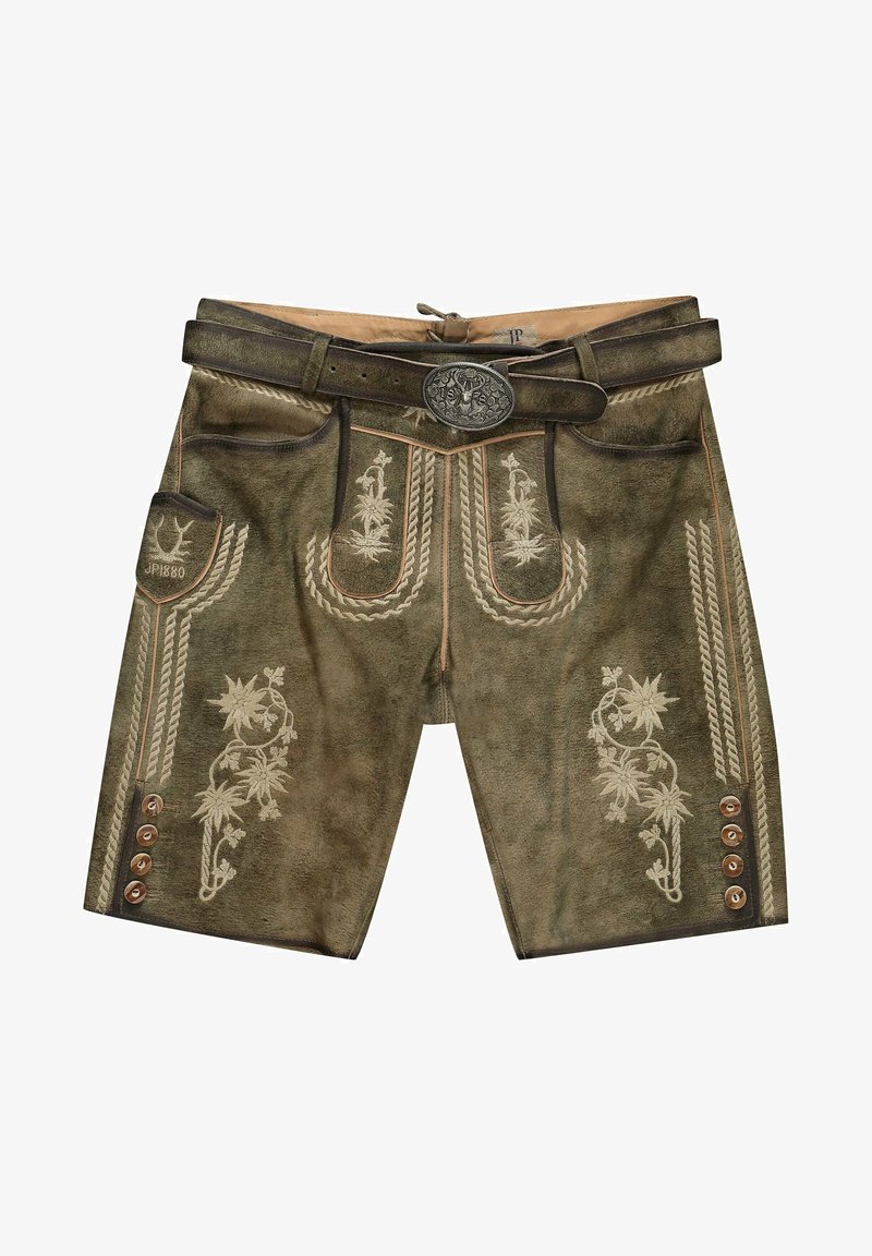 Lederhosen in Olivgrün mit gestickten Blumenmustern, geflochtenen Akzenten und dekorativen Knöpfen an den Seiten. Silberner Gürtelverschluss im Lieferumfang enthalten.