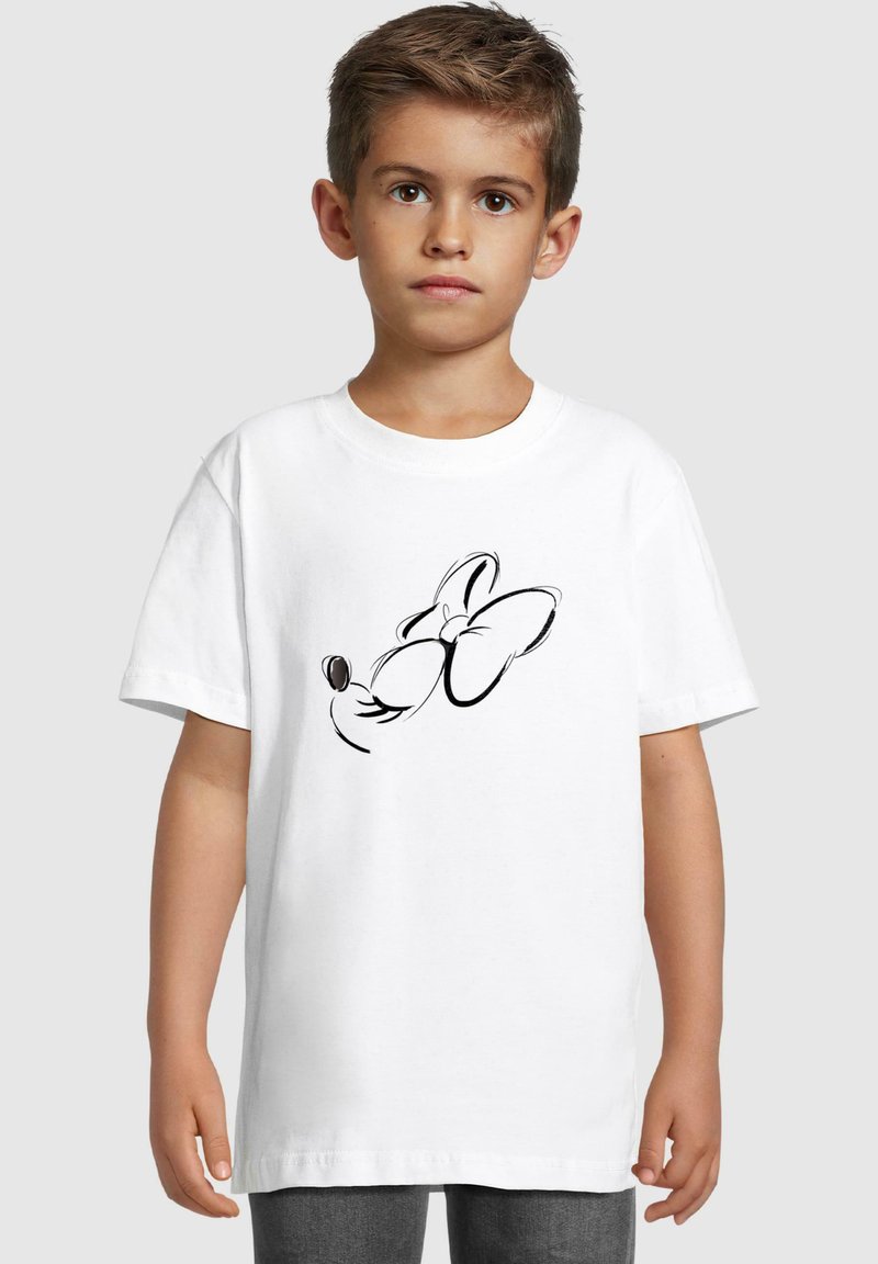 Hvid bomulds T-shirt med en sort line art illustration af en karakters ansigt. Klassisk crew neck og korte ærmer.