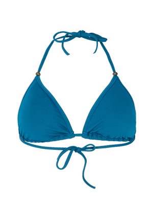 Soutien-gorge triangle en bleu vif, fabriqué en tissu doux. Il présente des liens ajustables au cou et dans le dos, avec des bords cousus et des perles décoratives.