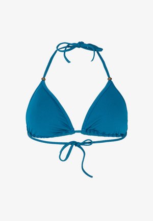 Driehoeksbikini-top in levendig blauw, gemaakt van zacht materiaal. Voorzien van verstelbare bandjes om de nek en op de rug, met gestikte randen en decoratieve kralen.