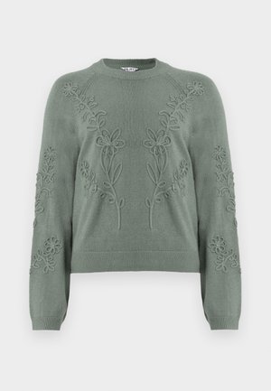 Jersey verde de punto con bordado floral en el frontal y las mangas, con un escote redondo y dobladillos y puños acanalados.