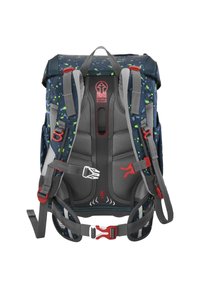 Children's backpack with padded back, adjustable shoulder straps, waist belt, and blue fabric with green and gray geometric patterns.