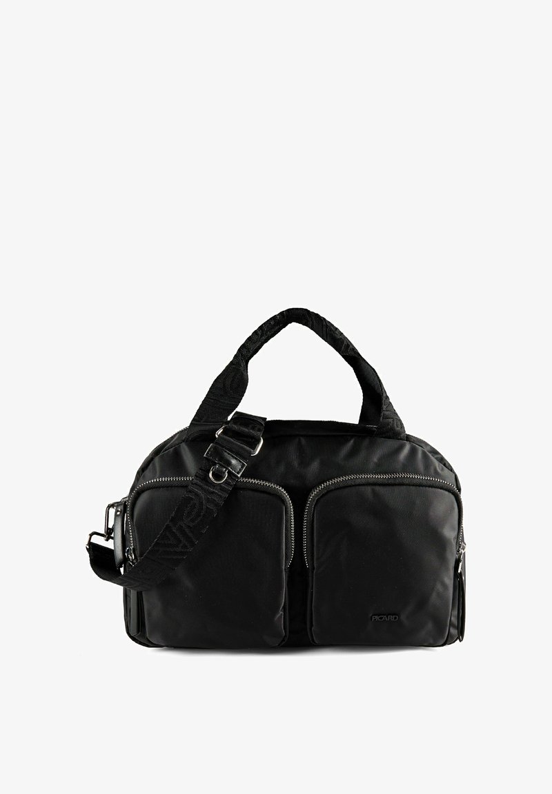 Sac à bandoulière en nylon noir avec deux poches zippées à l'avant, poignées supérieures, sangle réglable et logo de la marque sur une des poches.