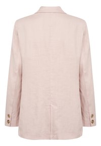 Veste en lin rose clair à manches longues, col cranté, et trois boutons marron sur les poignets. Dotée d'une fente centrale au dos et d'une texture lisse.