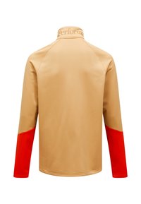 Beige langærmet jakke med høj krave, der har røde accentpaneler på skuldrene, lavet af glat, strækbart stof.