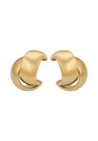 Guldtonede metalørehængere med et glat, buet design. Hver enkelt har en hul, åben form, der fremhæver en moderne og minimalistisk æstetik.