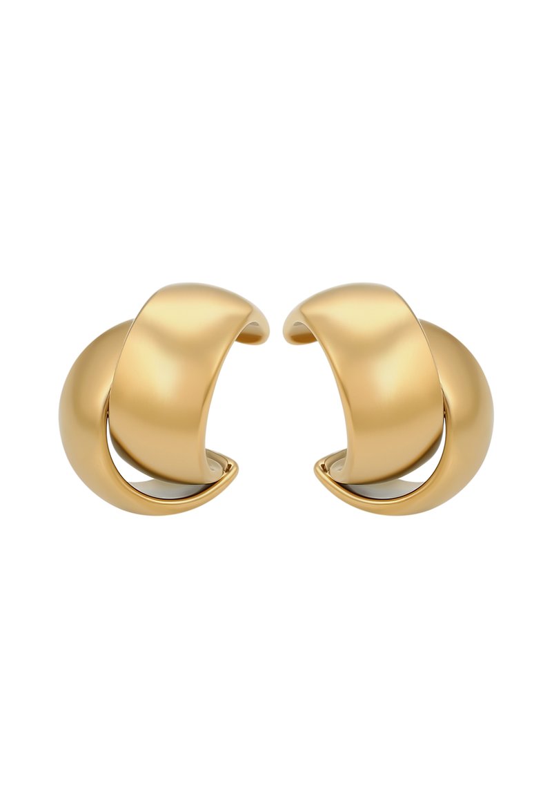 Guldtonede metalørehængere med et glat, buet design. Hver enkelt har en hul, åben form, der fremhæver en moderne og minimalistisk æstetik.