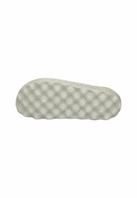 Sole of a shoe, textured with raised hexagonal patterns, light gray color with specks, slightly curved shape, a durable rubber material.