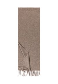 Brown wool scarf with a soft, textured finish. Features fringed edges and a folded corner, rectangular shape, measuring approximately 180x70 cm.