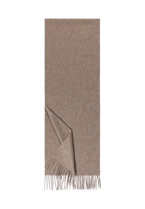 Brown wool scarf with a soft, textured finish. Features fringed edges and a folded corner, rectangular shape, measuring approximately 180x70 cm.