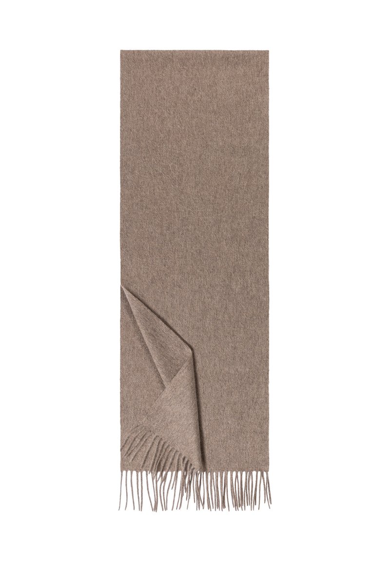 Brown wool scarf with a soft, textured finish. Features fringed edges and a folded corner, rectangular shape, measuring approximately 180x70 cm.