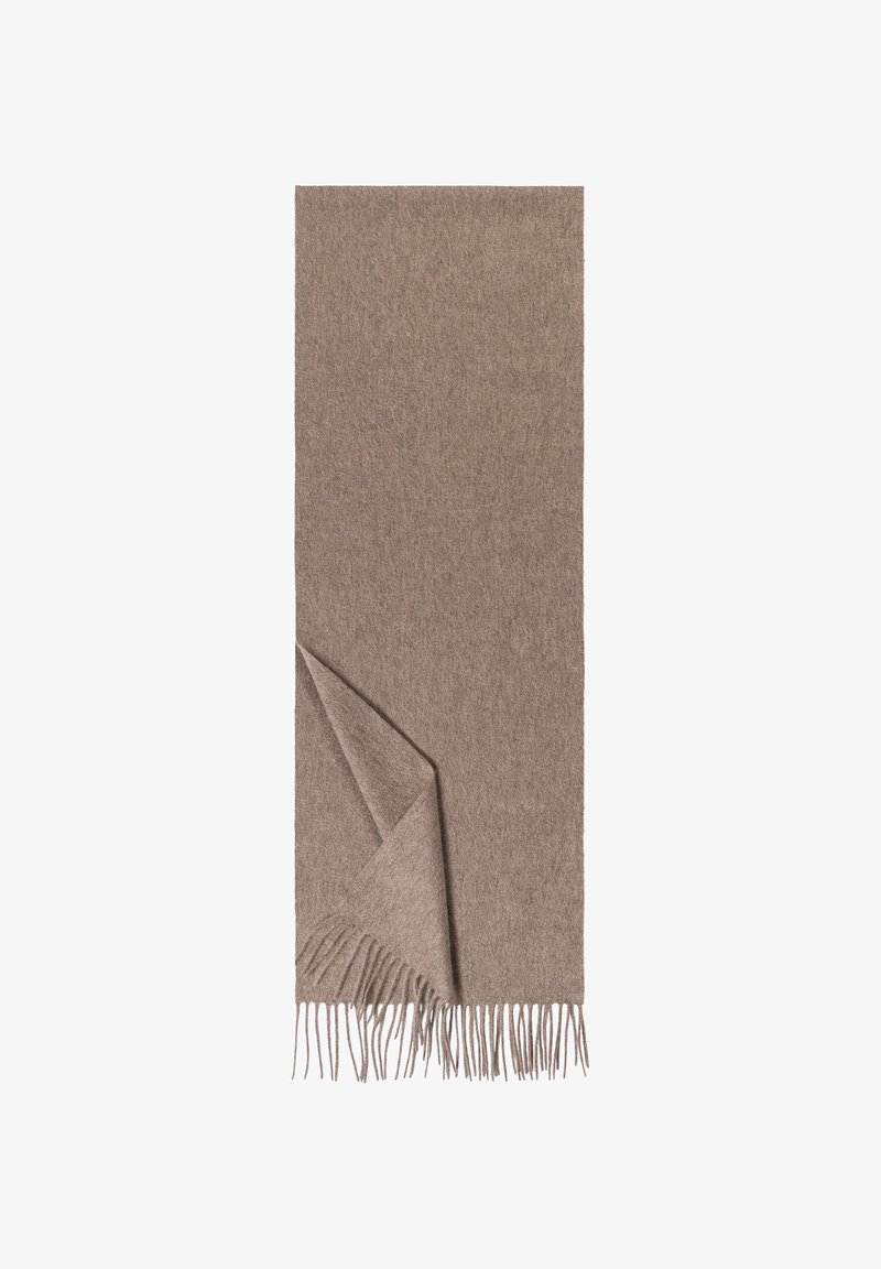Brown wool scarf with a soft, textured finish. Features fringed edges and a folded corner, rectangular shape, measuring approximately 180x70 cm.
