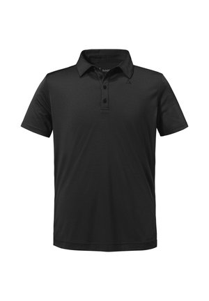 Schwarzes Poloshirt mit kurzen Ärmeln, einer dreiknöpfigen Blende und subtiler horizontaler Streifenstruktur, auf weißem Hintergrund dargestellt.