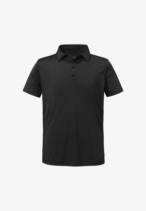 Schwarzes Poloshirt mit kurzen Ärmeln, einer dreiknöpfigen Blende und subtiler horizontaler Streifenstruktur, auf weißem Hintergrund dargestellt.