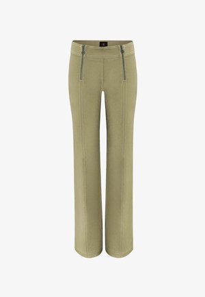 Pantaloni a gamba larga in tessuto verde oliva, con due tasche con zip e cuciture a contrasto lungo le cuciture. Texture liscia e design sartoriale.