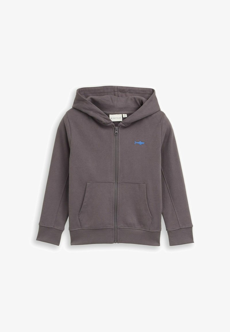 Sweat à capuche gris zippé avec une poche avant, arborant un logo de requin bleu sur le côté gauche de la poitrine. Fabriqué en tissu doux, avec une capuche et des poignets côtelés.