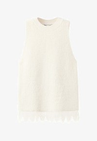 Chaleco de punto blanco sin mangas con textura acanalada y un delicado borde de encaje en el dobladillo.