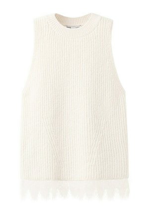 Mouwloos wit gebreid sweater-vest met een geribbelde structuur en een delicate kanten rand aan de zoom.