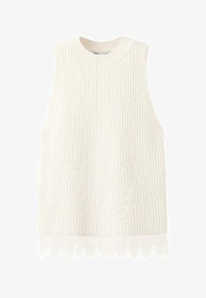 Mouwloos wit gebreid sweater-vest met een geribbelde structuur en een delicate kanten rand aan de zoom.