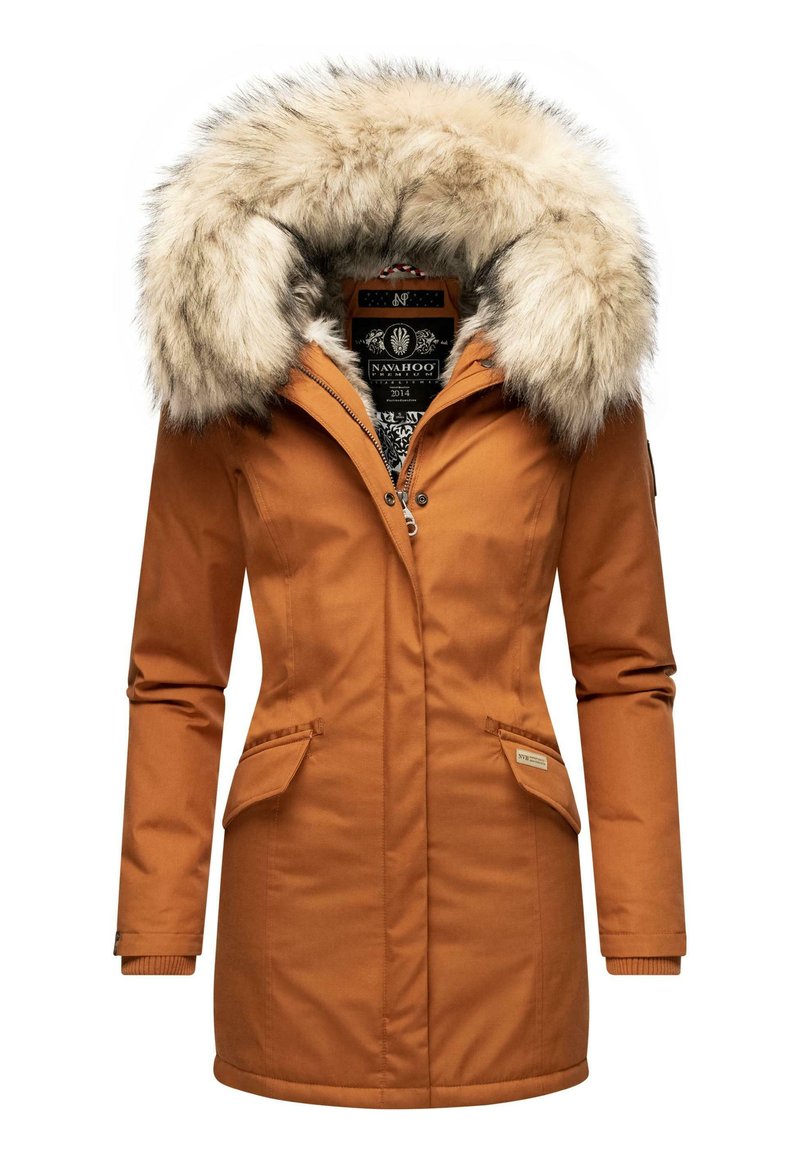 Brown parka with a fur-trimmed hood, zip and snap closures, two front pockets, and ribbed cuffs; features a patterned inner lining.