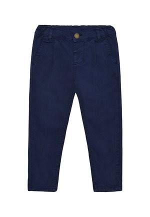 Granatowe bawełniane spodnie o gładkiej fakturze, z elastycznym paskiem w talii, przednimi zakładkami i bocznymi kieszeniami. Zapięcie na okrągły metalowy guzik.