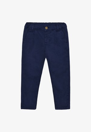 Marineblaue Baumwollhose mit glatter Textur, ausgestattet mit einem elastischen Bund, vorderen Biesen und Seitentaschen. Verschluss mit rundem Metallknopf.