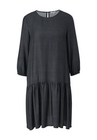 Schwarzes und graues Hahnentrittmuster Kleid mit dreiviertel Ärmeln, Rundhalsausschnitt und gestuftem Volantsaum. Detail mit Schlitz im Rücken. Glattes Material.