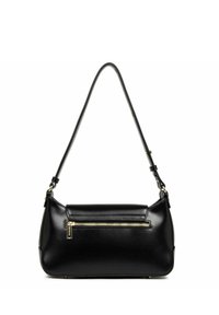 Borsa a mano in pelle nera con forma arrotondata, dotata di una tasca frontale con zip e un'unica tracolla regolabile. Texture liscia e dettagli in metallo dorato.