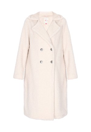 Double-breasted coat in soft off-white fabric, featuring a textured exterior, notched collar, and silver buttons. Long sleeves and knee-length design.