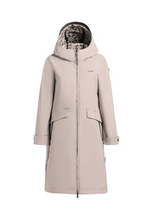 Pikk beež talveplaat mantel kapuutsiga, ees tõmblukk, lõhikuga taskud, nööpidega mansetid ja musteriga vooder.
