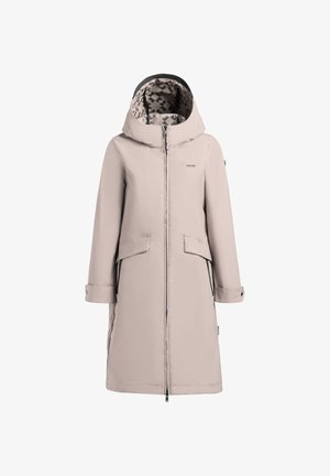 Pikk beež talveplaat mantel kapuutsiga, ees tõmblukk, lõhikuga taskud, nööpidega mansetid ja musteriga vooder.