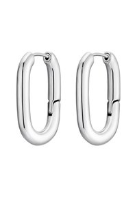 Orecchini a cerchio in argento con una forma ovale allungata e liscia, dotati di una chiusura sicura. La finitura lucida esalta la brillantezza e il design moderno.