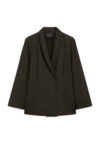 Brauner, doppelt geknöpfter Blazer aus weichem Wollstoff, mit einem Schal-kragen, überschnittenen Schultern und zwei schwarzen Knöpfen auf der Vorderseite.