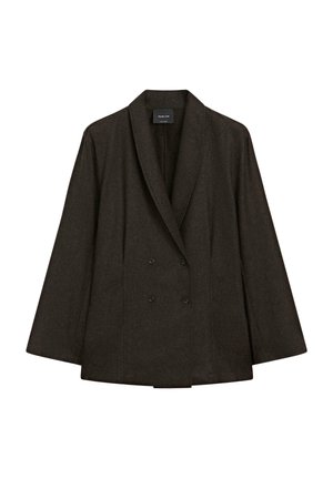 Blazer marrone doppiopetto realizzato in morbido tessuto di lana, con colletto a scialle, spalle scese e due bottoni neri sul davanti.