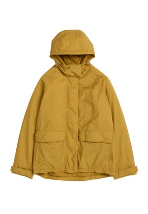 Giacca gialla leggera con cappuccio, due tasche frontali e vestibilità rilassata. Tessuto testurizzato con finitura liscia. Collo regolabile.