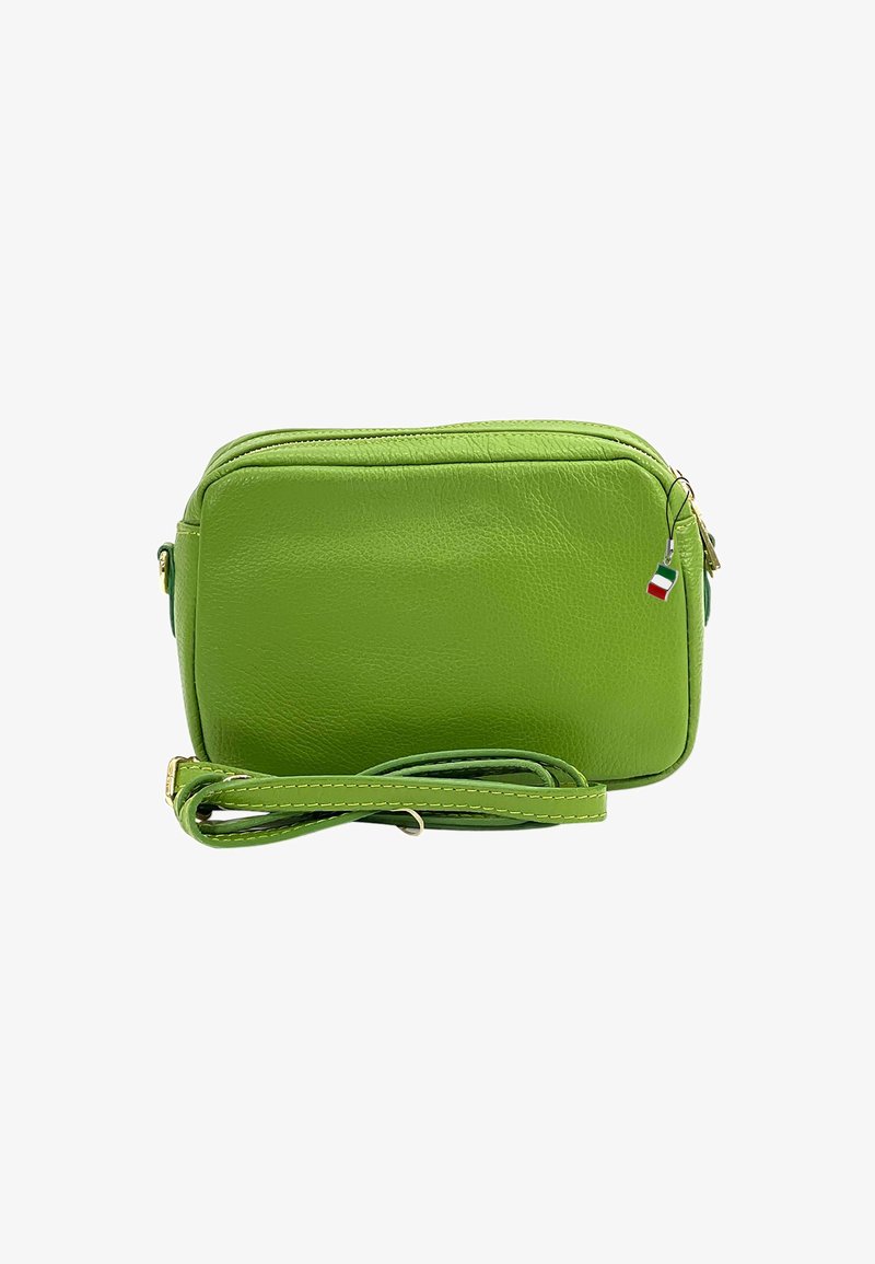 Groene leren crossbodytas met een gladde textuur, rechthoekige vorm, ritscompartimenten en een verstelbare schouderriem. Kleine Italiaanse vlagaccent.