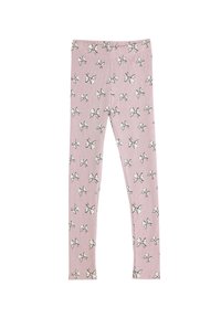 Ljust rosa leggings gjorda av mjukt tyg, med ett tryck av små svarta och vita rosetter över hela designen. Elastiskt midjeband ingår.