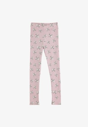 Lyserøde leggings lavet af blødt stof, med et print af små sorte og hvide sløjfer overalt i designet. Elastisk livincluded.