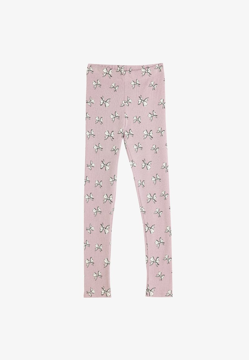 Lyserøde leggings lavet af blødt stof, med et print af små sorte og hvide sløjfer overalt i designet. Elastisk livincluded.