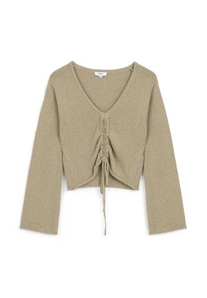 Kurzärmliger, gekürzter Pullover in hellbeige, mit V-Ausschnitt, strukturiertem Stoff und Kordelzugdetail an der Vorderseite.