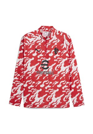 Röd och vit långärmad zip-up skjorta med ett flamapattern, logotyp i svart och design med hög krage. Tillverkad av ett lätt material.
