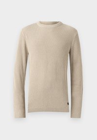 Beige geribbelde trui met een ronde hals, lange mouwen en een gestructureerde stof. Bevat een klein label aan de zoom.