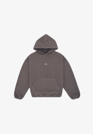 Dunkelgrauer Fleece-Hoodie mit vorderer Kängurutasche, elastischen Bündchen und kleinem rechteckigem Logo auf der Brust.