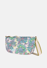Borsa a tracolla colorata con motivo floreale in tonalità di rosa, blu e verde. Presenta una chiusura con zip, una tracolla regolabile e una texture del tessuto liscia.