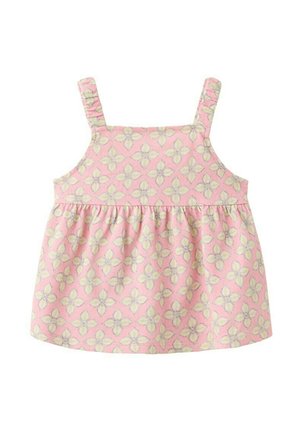 Ružové šaty pre batoľatá bez rukávov so žltým kvetinovým vzorom a nariaseným pásom, vybavené širokými ramienkami.