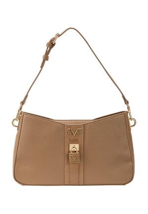 Sac bandoulière en cuir caramel avec fermoir en forme de V doré et bandoulière réglable, marqué "1969 V Italia" au centre avant.