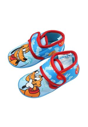 Chaussures d'enfant bleues avec un graphique de chien, des sangles rouges et un texte ludique. Matériau doux et design arrondi pour le confort.